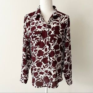 LOFT Outlet | Burgundy & White Floral Print Button Down Blouse